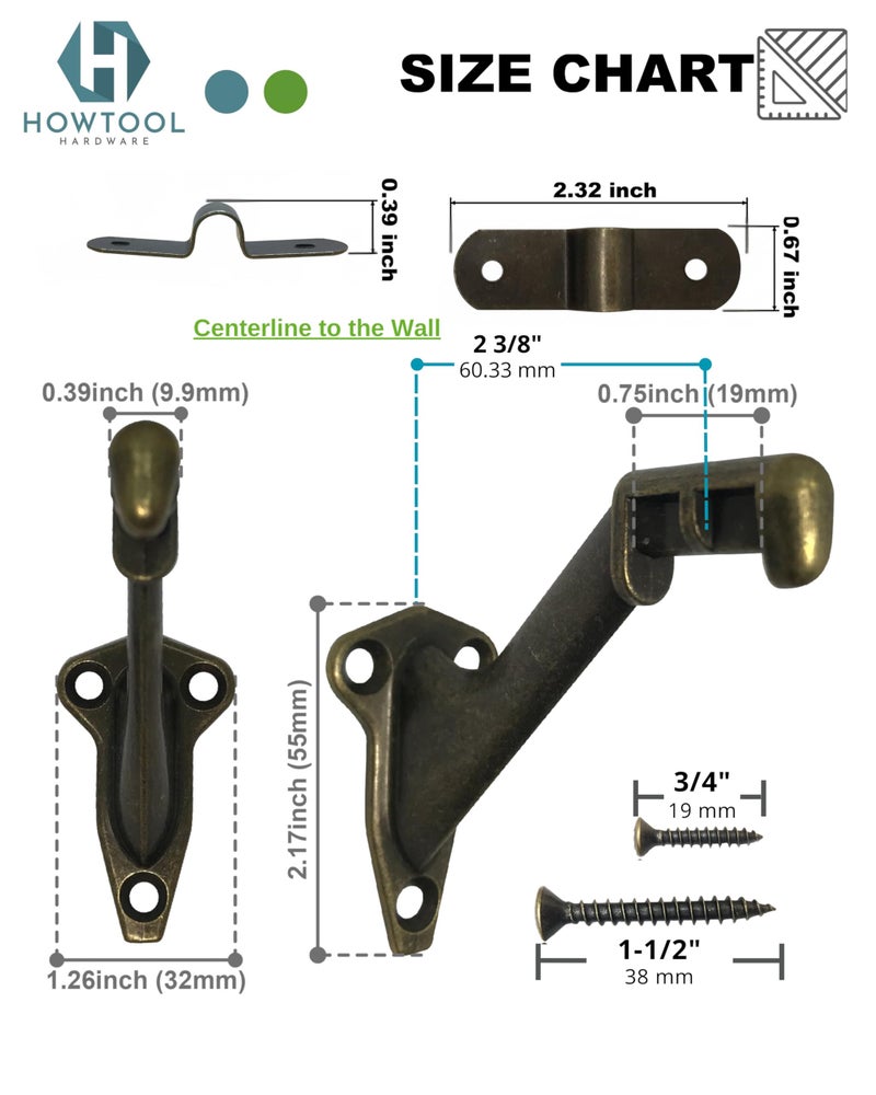 HOWTOOL Handrail Brackets Wall Mounted Antique Brass Zinc Stair Railing Support with Matching Screws, Decorative Stair Hardware, 3 Pack HOWTOOL - Image 3
